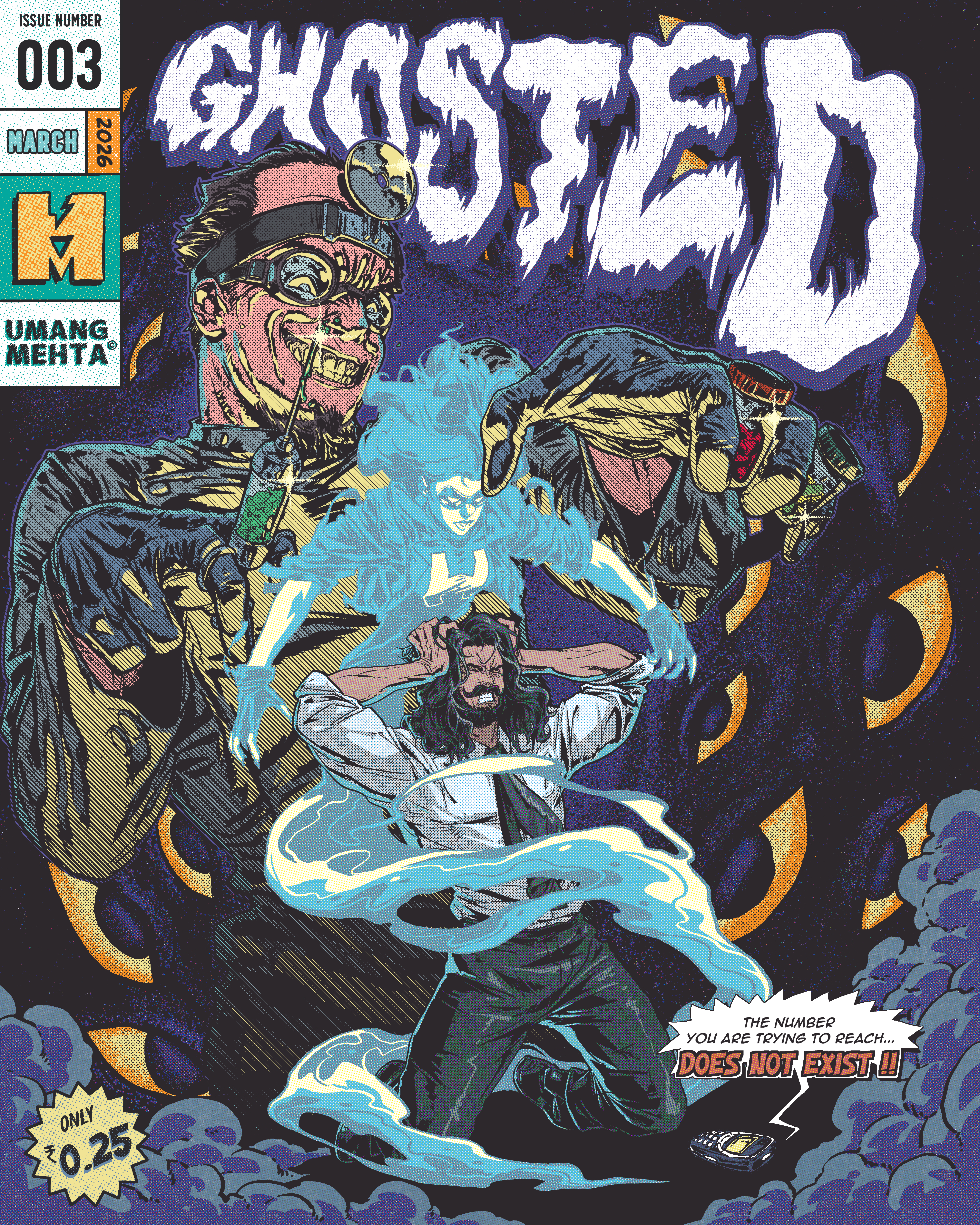 Cover art for the song 'Ghosted' by Mumbai-based singer, songwriter, and guitarist Umang Mehta, illustrated in retro comic book style featuring a haunting villain, ghostly figures, and Umang Mehta tormented in a dramatic scene.