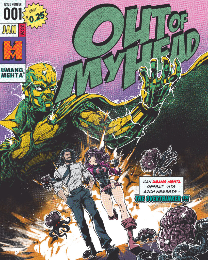 Cover art of singer songwriter Umang Mehta's song "Out of My Head" in a retro half tone comic book cover style featuring a super hero couple walking away after defeating a large green villain and his minions.